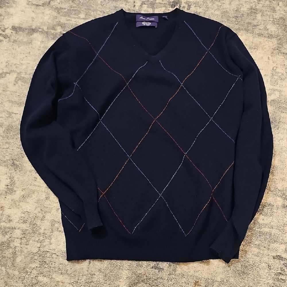 Alan Flusser V-Neck Navy Sweater Multicolor Argyle In Wool/ Cashmere Blend Knit